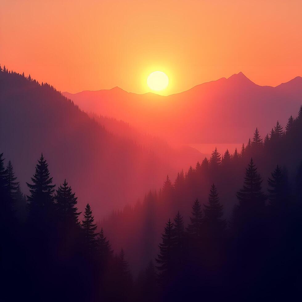 Sunset in the mountains with pine trees photo