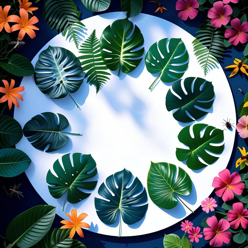 Tropical leaves and flowers arranged in a circle photo