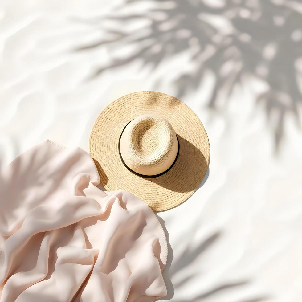 A hat and a pink towel on a white surface photo