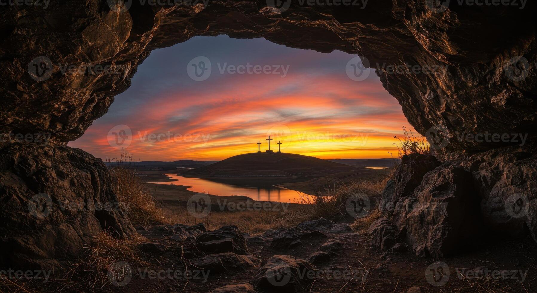 View from a cave towards a sunset landscape with three crosses silhouetted on a hill against a colorful sky. Religious and serene scenery. photo