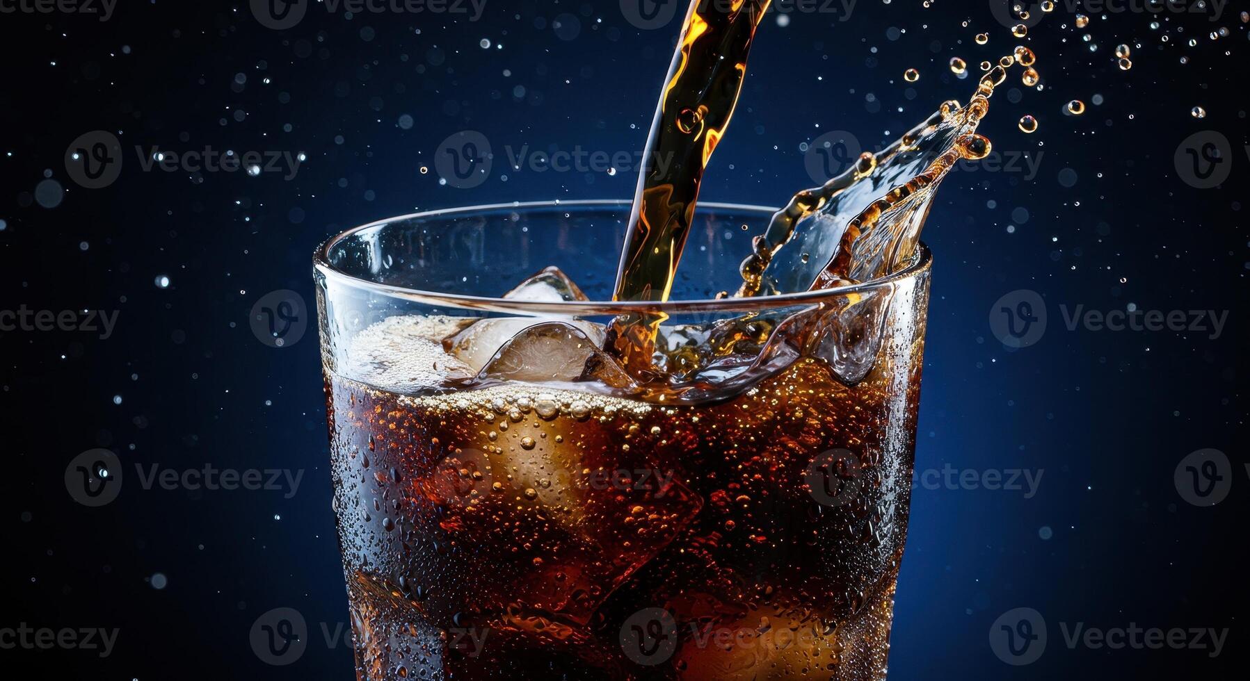 Dark carbonated soda pouring into a cold ice filled glass. Splashes and foam erupt as the liquid fills the glass on a dark blue background. photo