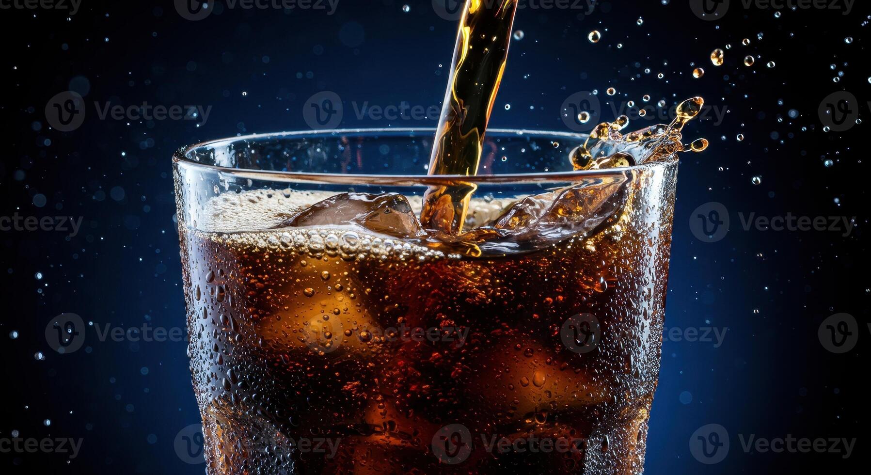 Refreshing dark soda poured into a glass with ice, creating splashes and foam against a dark background. Beverage concept for commercial use. photo