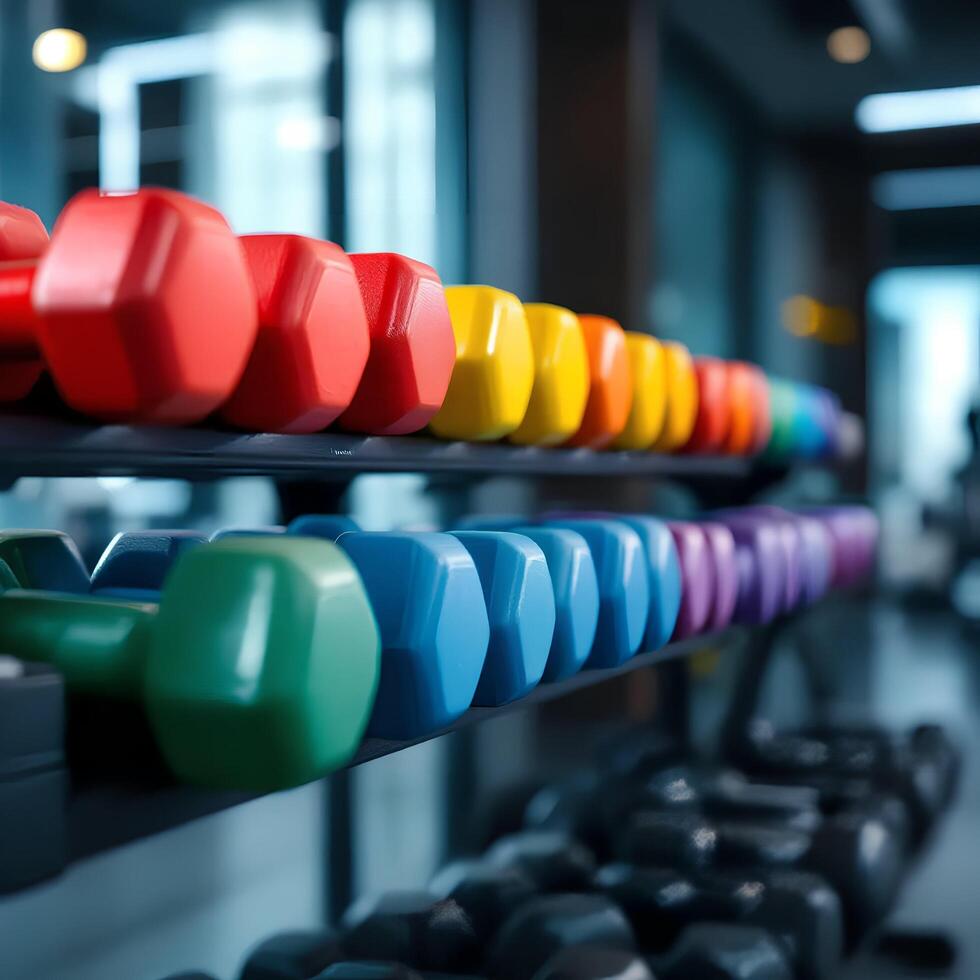 Dumbbells in a gym with colorful dumbs photo
