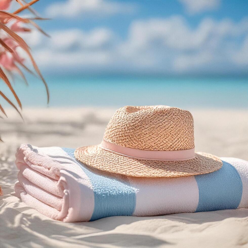Summer vacation beach towel and hat photo