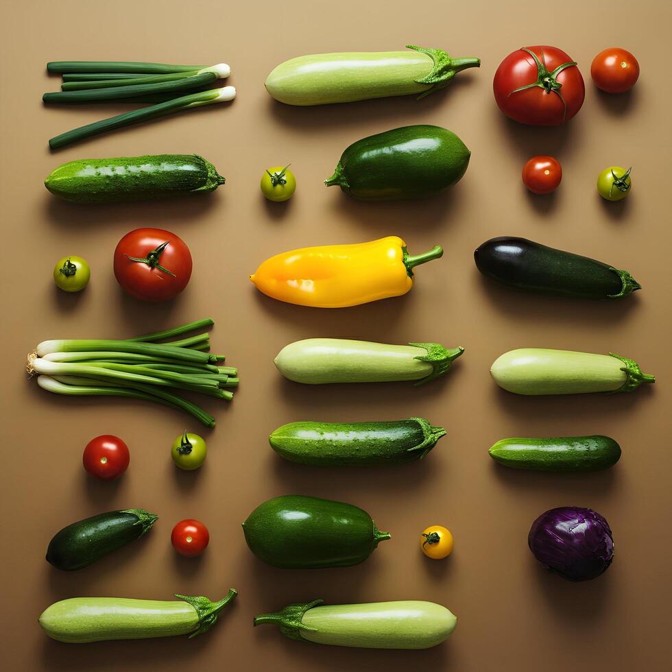 Various vegetables arranged in a circle on a brown background photo