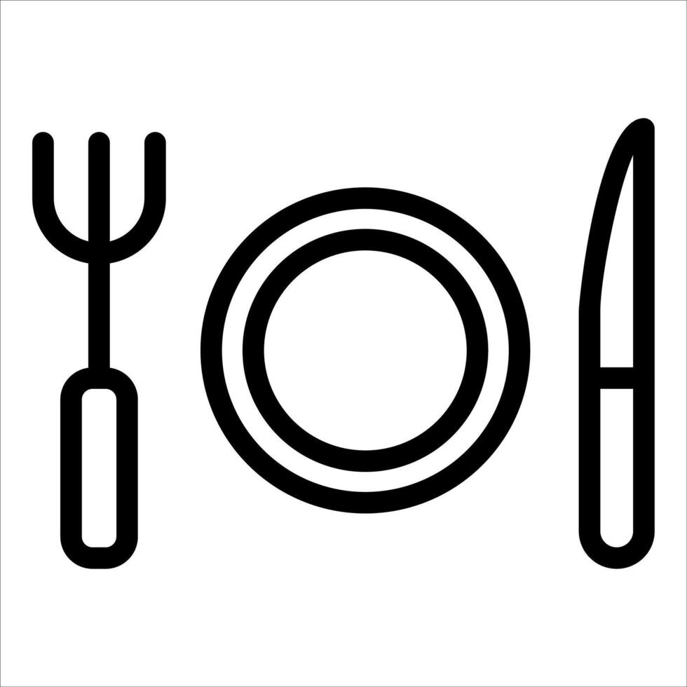 A black and white image of a fork, knife and plate vector