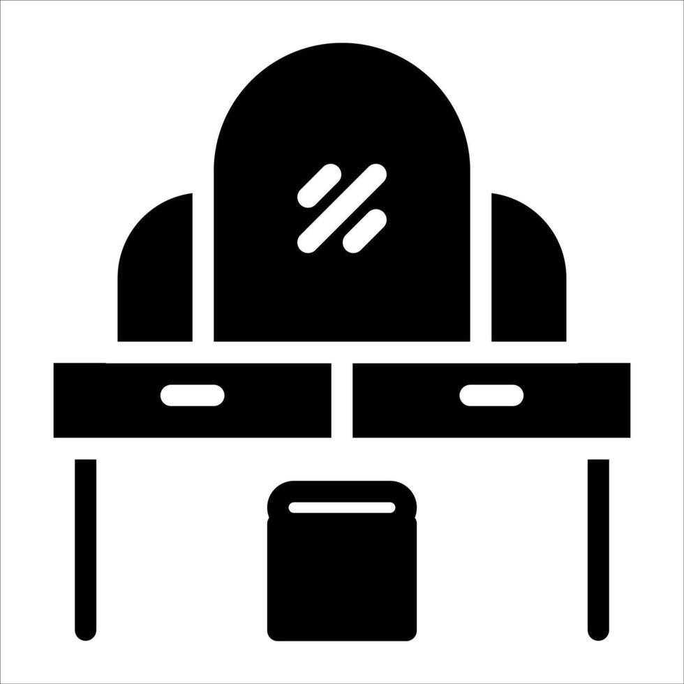A black and white icon of a desk and chair vector