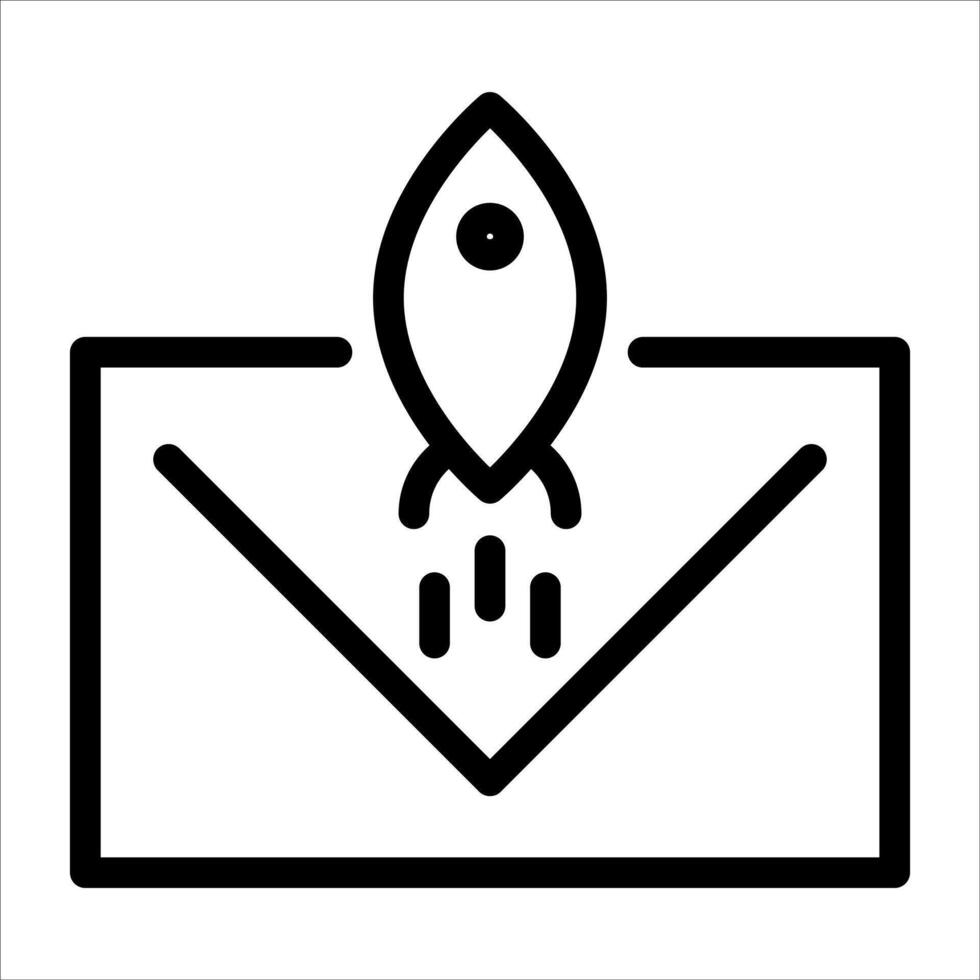 A black and white icon of a rocket launching out of an envelope vector