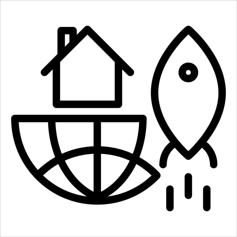 A black and white icon of a house and a rocket vector