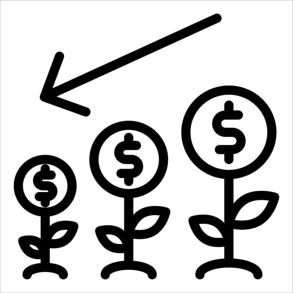 A black and white icon of a dollar sign growing up from a plant vector