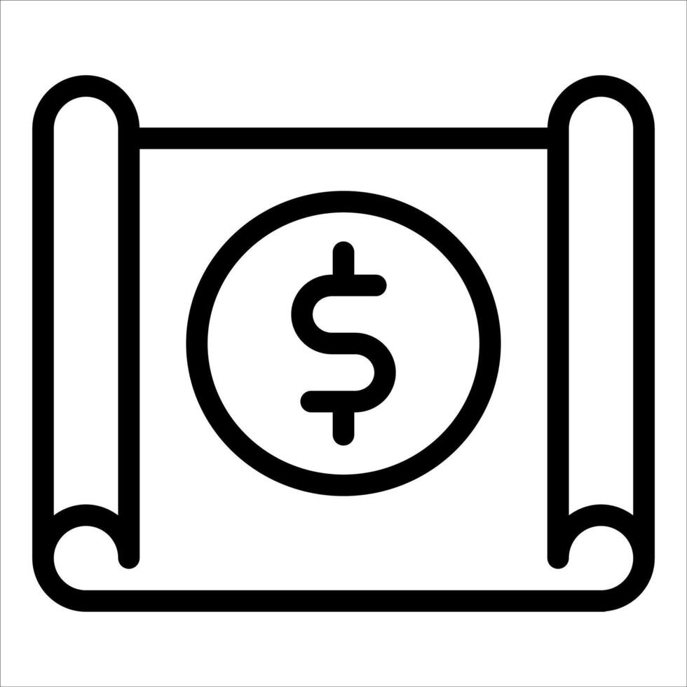 A black and white icon of a scroll with a dollar sign vector