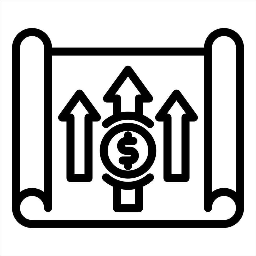 A black and white icon of a scroll with arrows and dollar signs vector