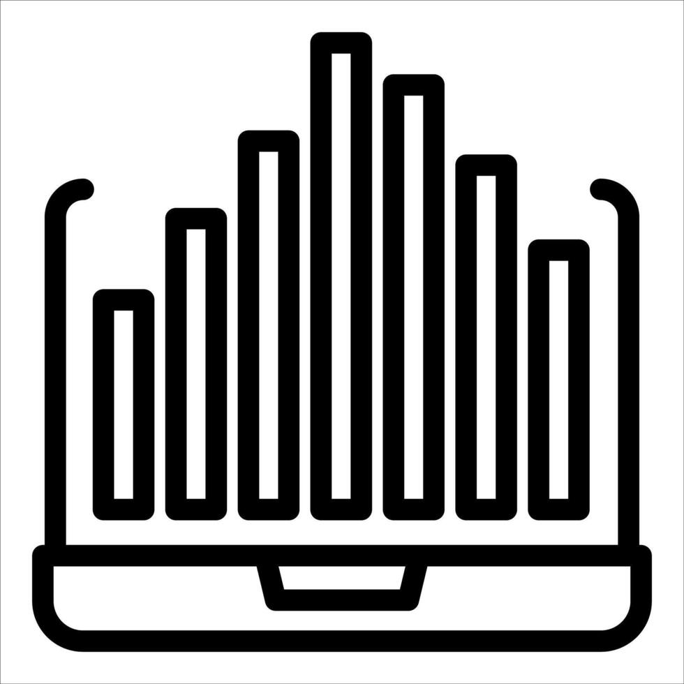 A black and white icon of a laptop with a bar graph vector