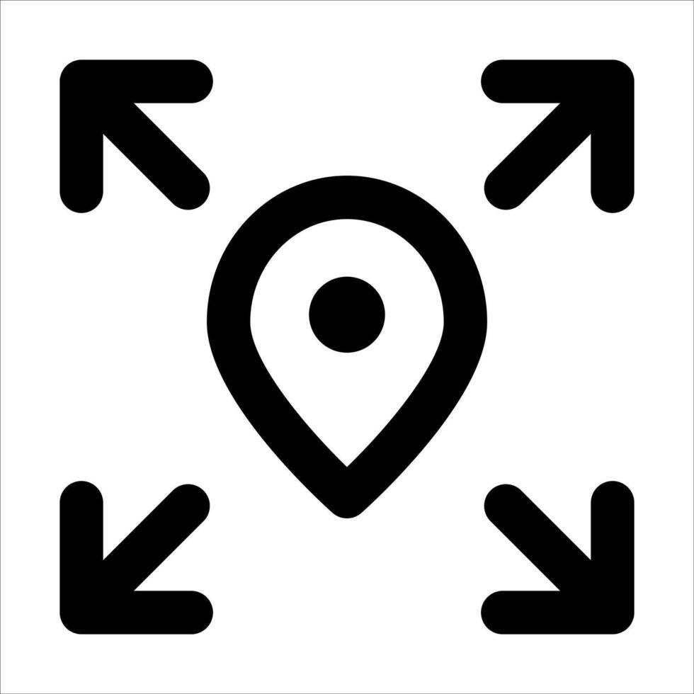 A black and white icon with arrows pointing to a location vector