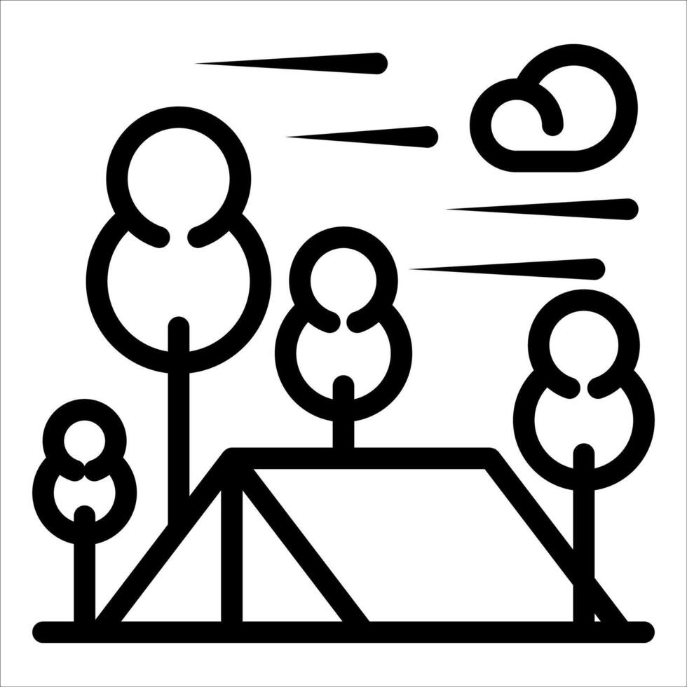 A black and white line drawing of a tent and trees vector