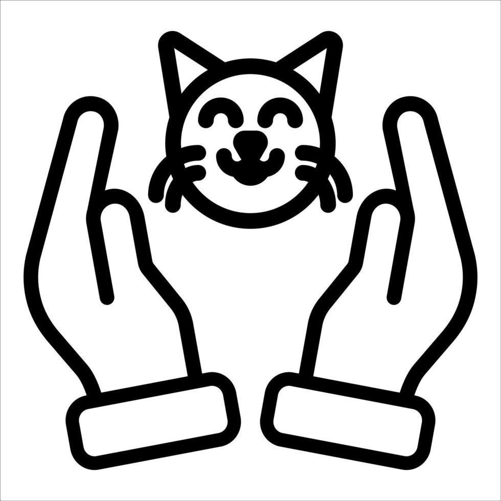 A black and white icon of a cat in the hands of two hands vector