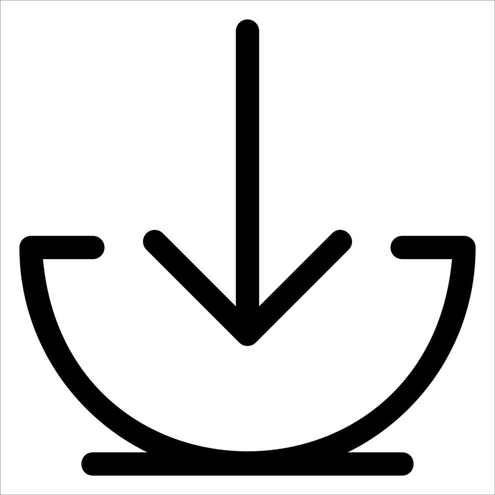 A black and white icon of a bowl with a arrow pointing down vector