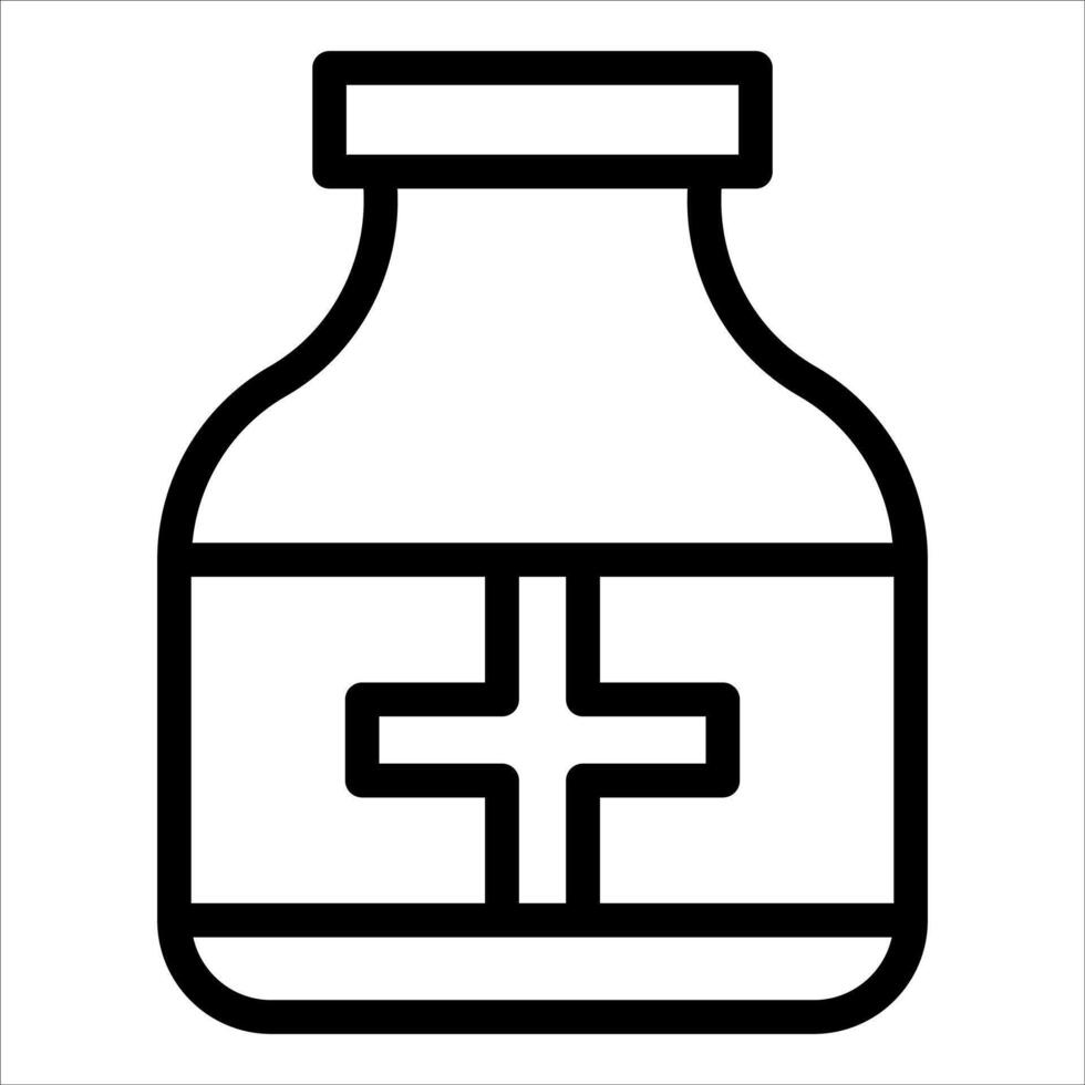 A bottle with a cross on it is shown in black and white vector