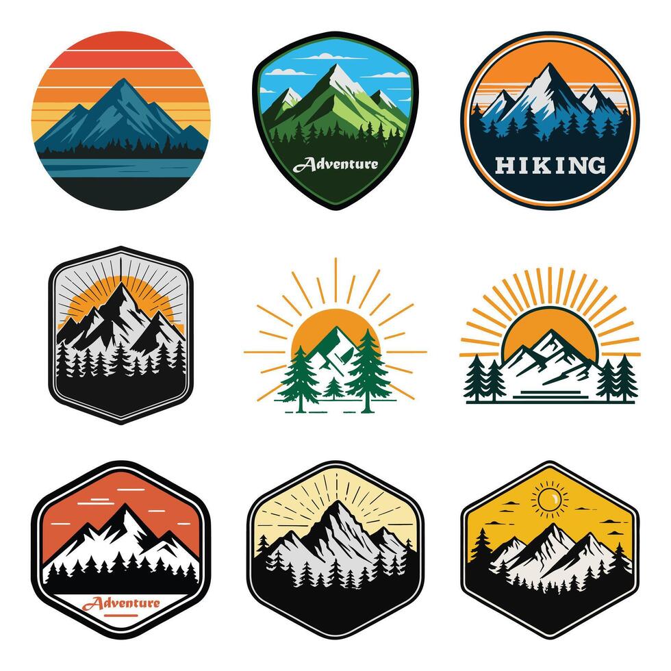 Vintage Mountain Hiking and Adventure Badge Set with Sunrise and Nature Elements vector