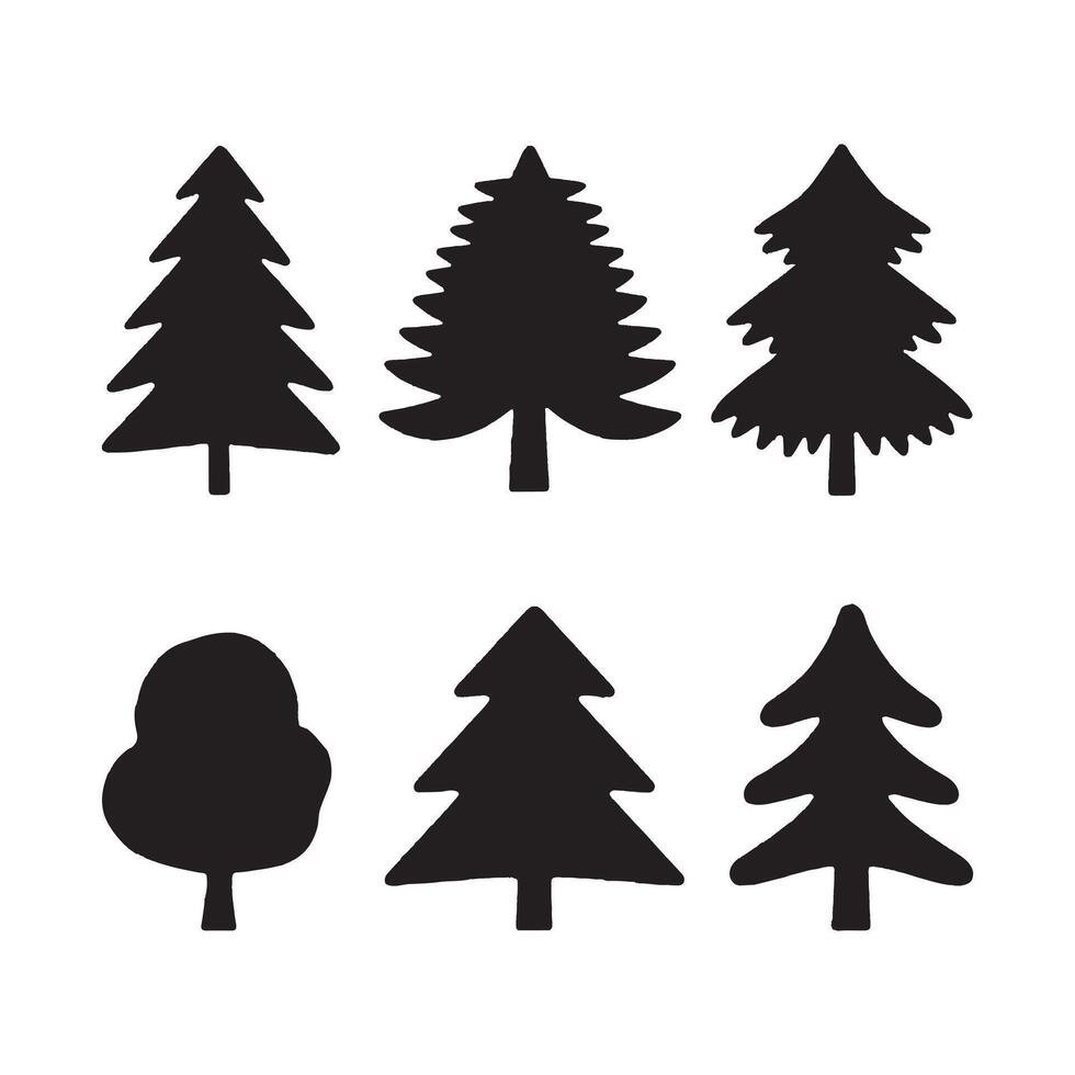 Collection of Six Simple Black Silhouette Tree Icons Pine, Fir, and Deciduous vector