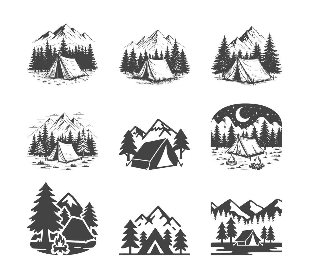 Set of Black and White Camping Scene Illustrations vector