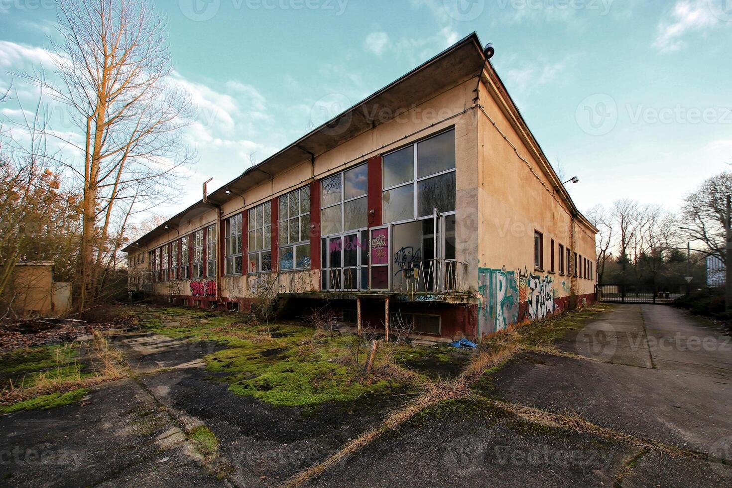 Abandoned glass building with graffiti-covered walls, overgrown pavement, and broken windows photo