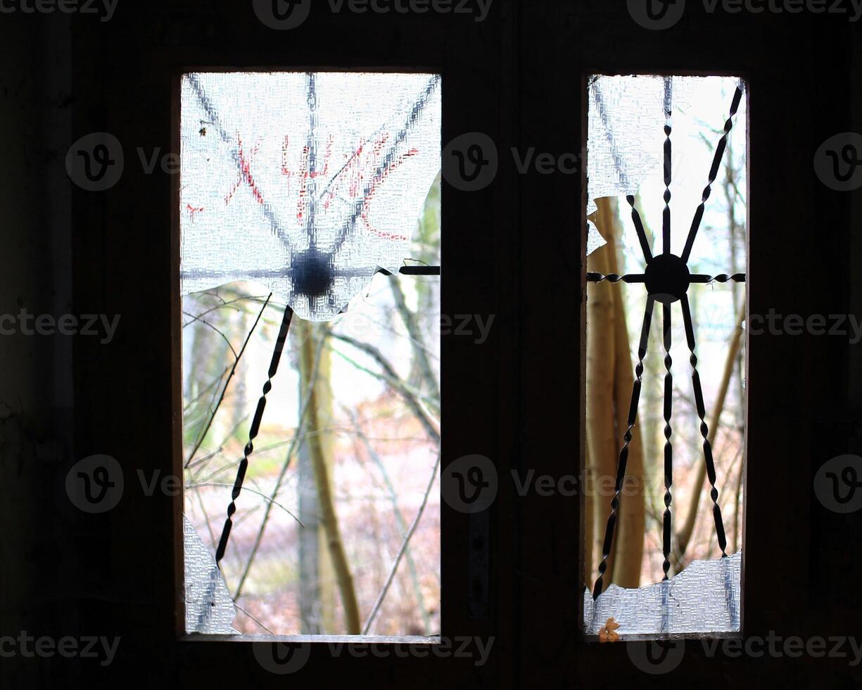 Shattered glass window with intricate metal design in an abandoned door photo