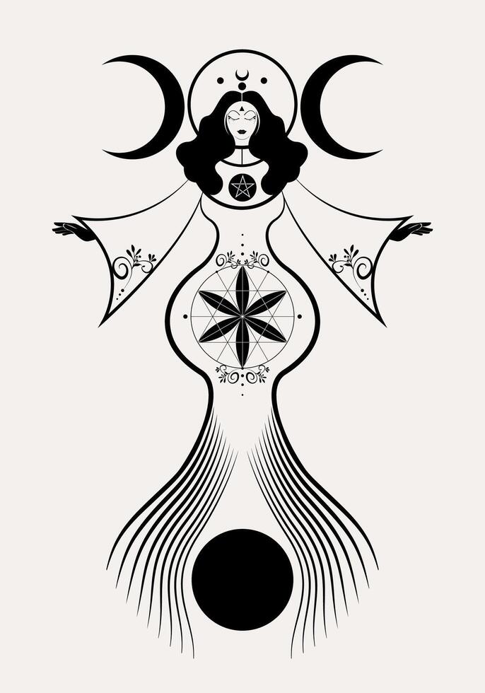 The pregnant goddess, magical triple moon, priestess. Flower of life symbol. Gothic Witch wiccan woman sacred design, moon phases. Mystical Hekate, mythology, isolated on white background vector