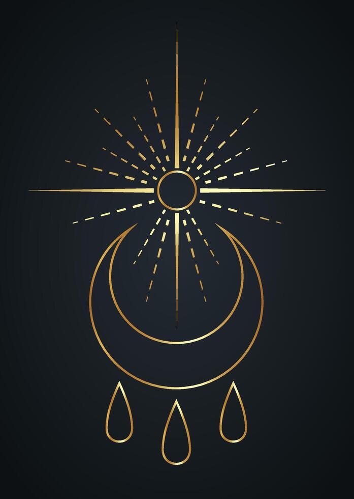 Blessed witch sign and sacred sun, gold symbol of blessing. The moon represents the goddess in every women. The three drops represents the maiden, the mother and the crone. wicca protection vector