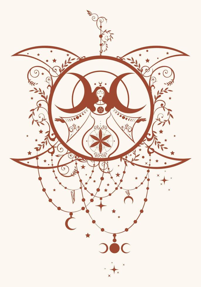 The pregnant goddess, magical triple moon, priestess. Flower of life symbol. Gothic Witch wiccan woman sacred design, moon phases. Mystical Hekate, mythology isolated, boho style background vector