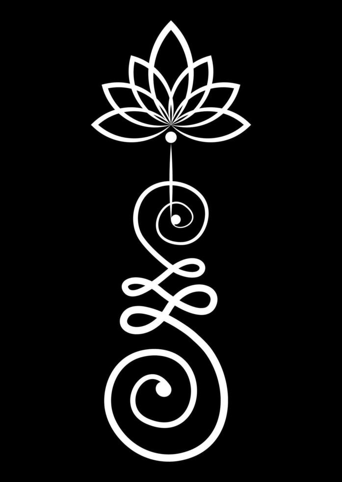Unalome lotus flower symbol, Hindu or Buddhist sign representing path to enlightenment. Hand drawn Yantras Tattoo icon. Simple black and white ink drawing, isolated illustration vector