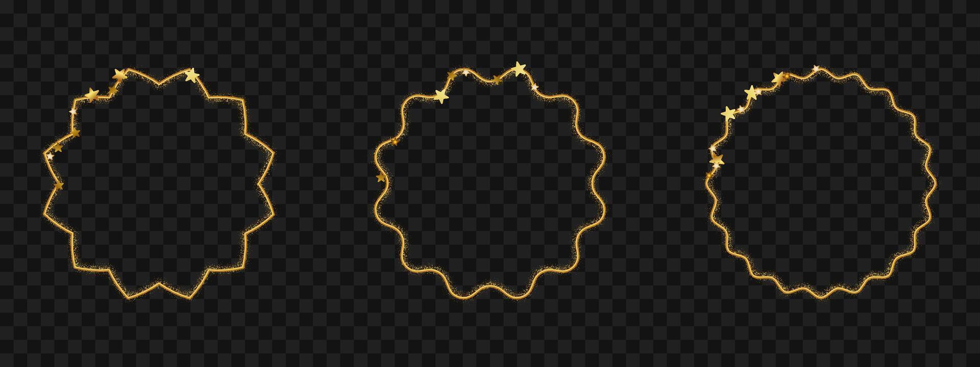 Golden glitter circle with wavy edge and stars. Elegant thin frame for celebration template or badge. illustration on transparent background vector