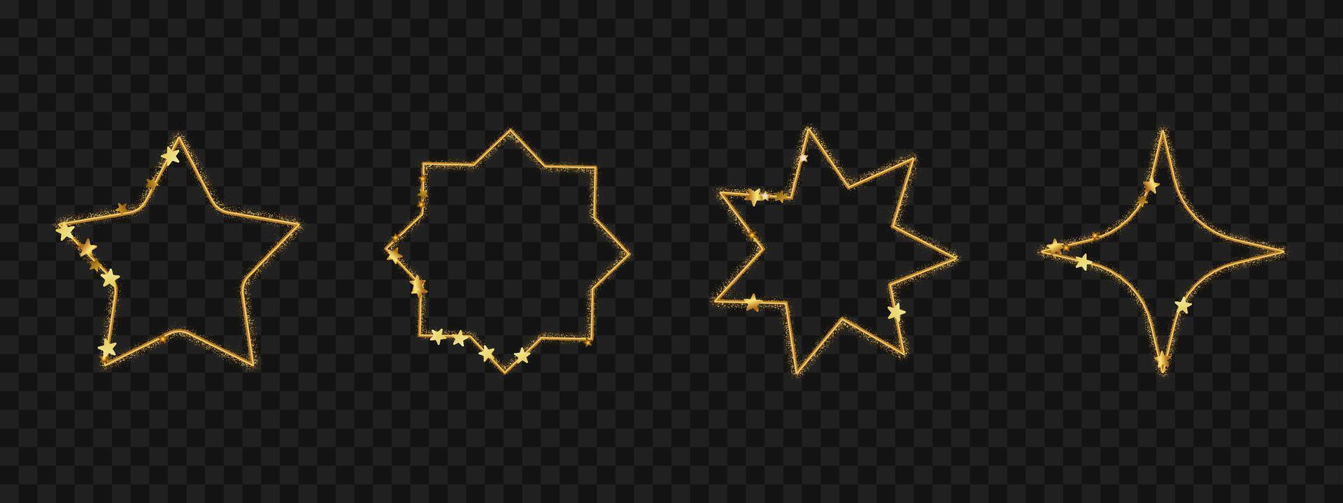 Star shaped gold borders with glitter texture. Golden design on dark background. Decorative luxury frame elements with elegant shine. vector