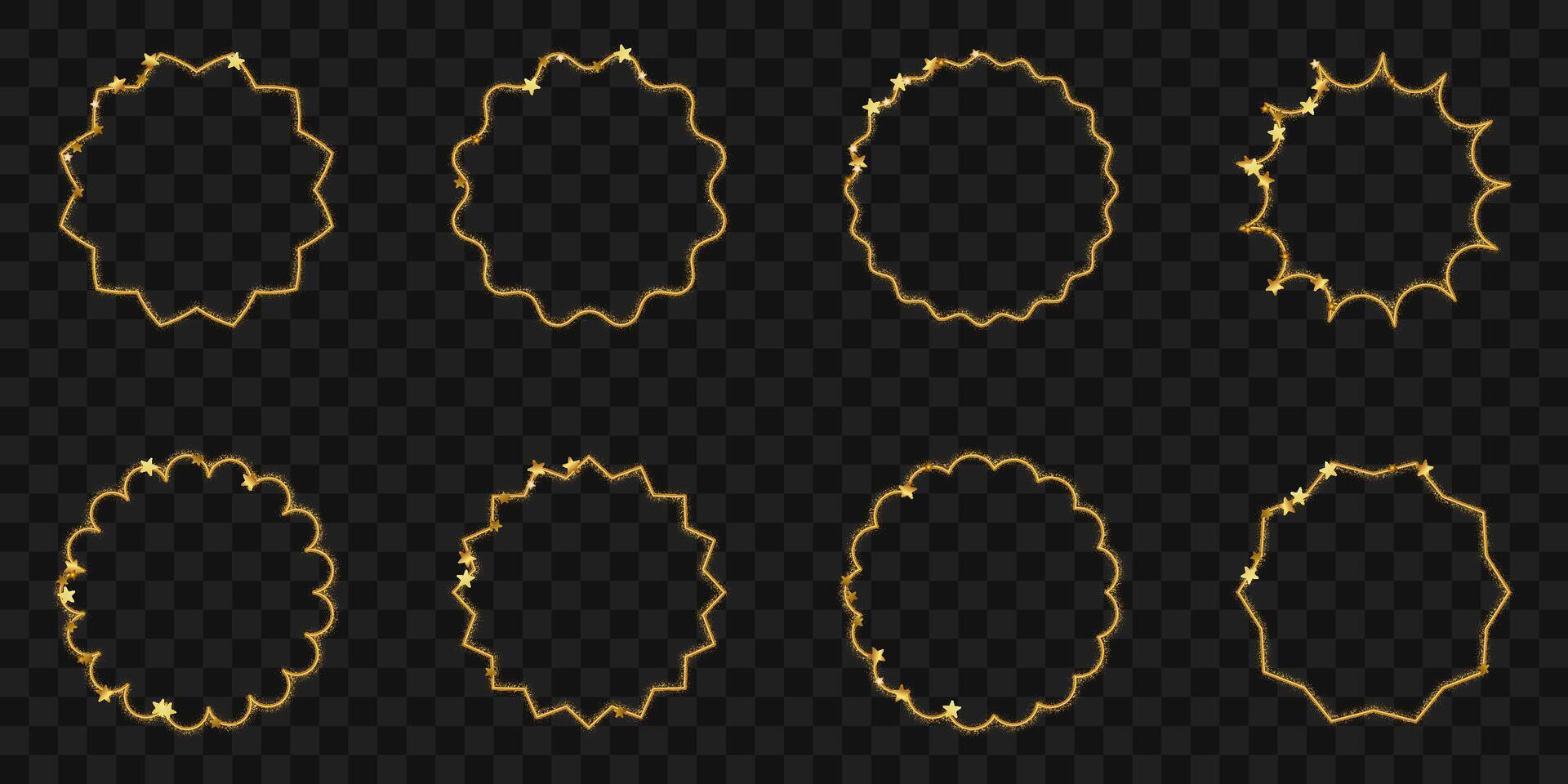 Set of round gold frame with glitter and stars. Golden light ring on transparent background. Abstract backdrop for award or celebration design. vector