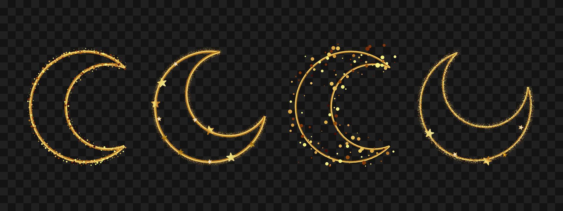 Set of 4 crescent moon illustrations with gold glitter and star details. design with decorative sparkle elements on dark transparent background. vector