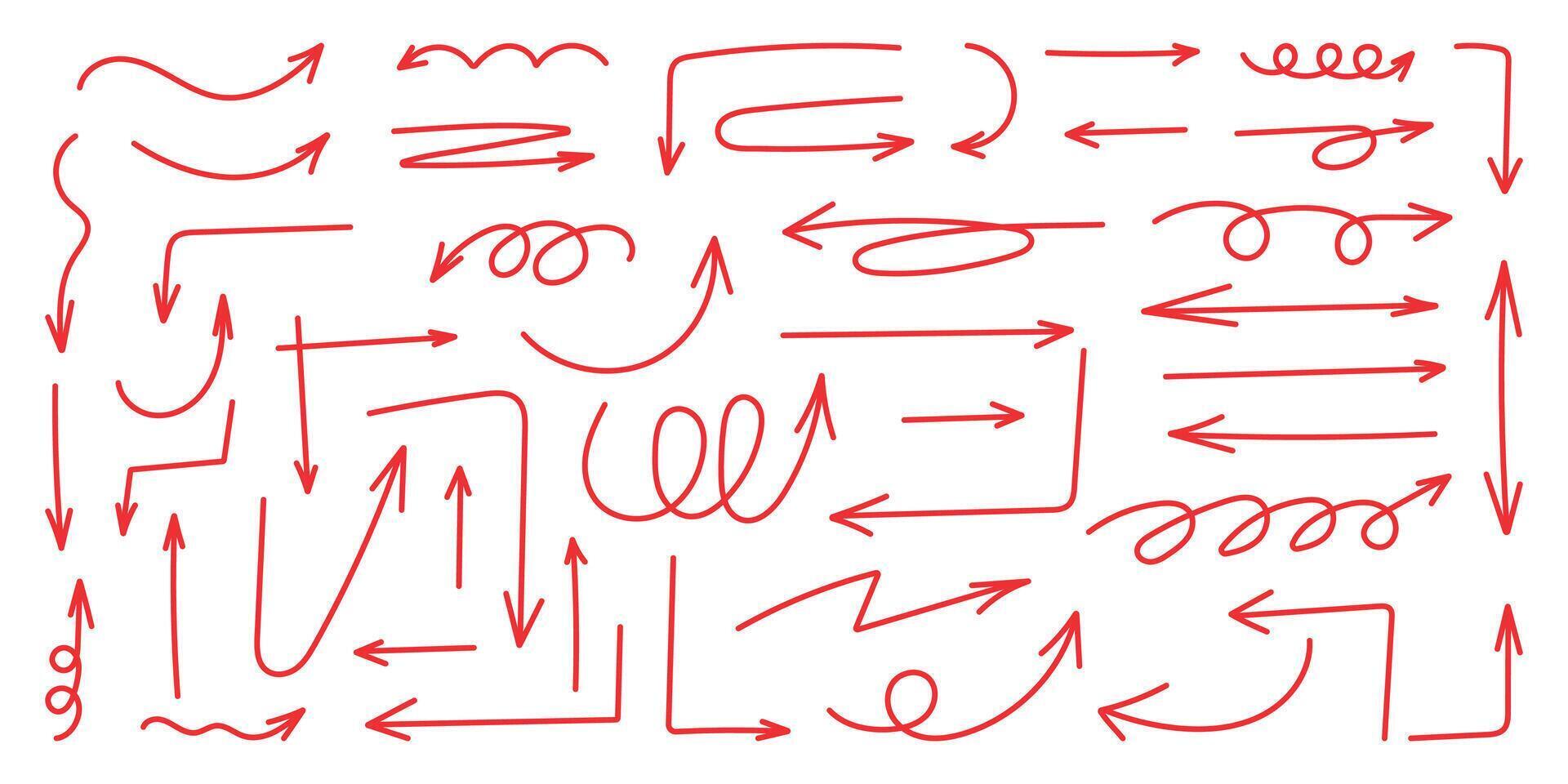 Squiggly red arrow set. Chalk elements in flat style. Doodle movement spiral arrows, scribble, lines. Hand drawn pencil brush for icon, children sketch. illustration on white backgroun vector