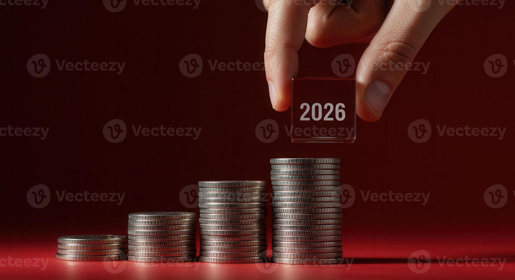 Hand places 2026 cube on rising coin stacks representing financial growth and future investment goals on red background. photo