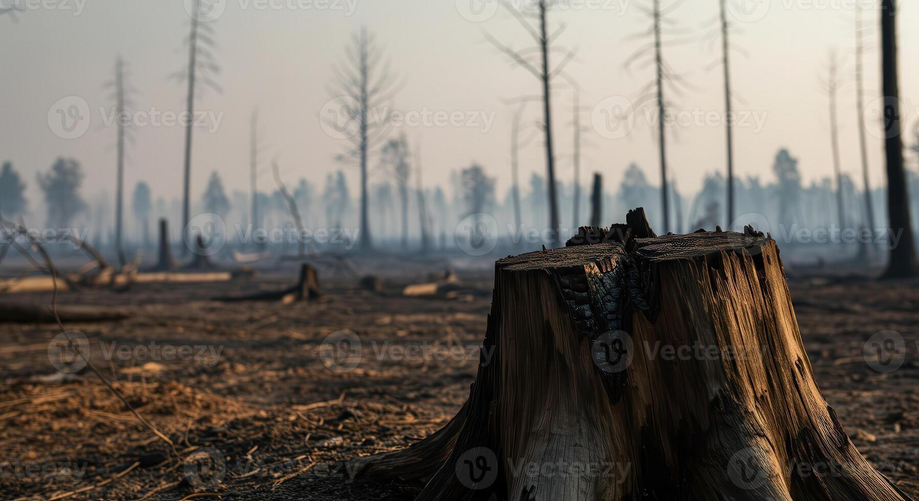 Charred tree stump in foreground of forest devastated by wildfire, showing environmental damage and climate change impact. photo