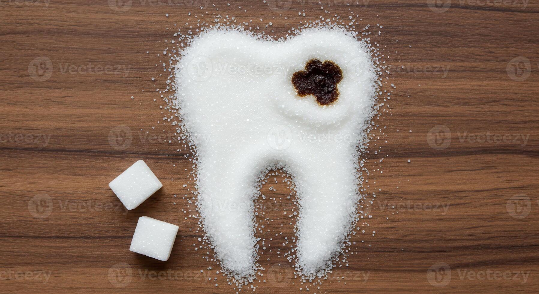 Tooth made of sugar with cavity on wood background. Dental health concept showing the negative effects of sugar on teeth and potential for tooth decay. photo