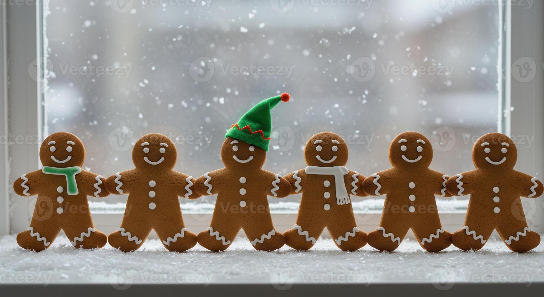 Gingerbread men are holding hands on a windowsill with snow falling outside. One gingerbread man wears an elf hat, others have scarves. Christmas holiday concept. photo