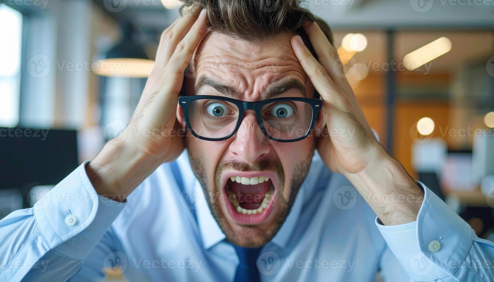 Man with black rimmed glasses clutching his head and screaming in stress or panic in an office. photo