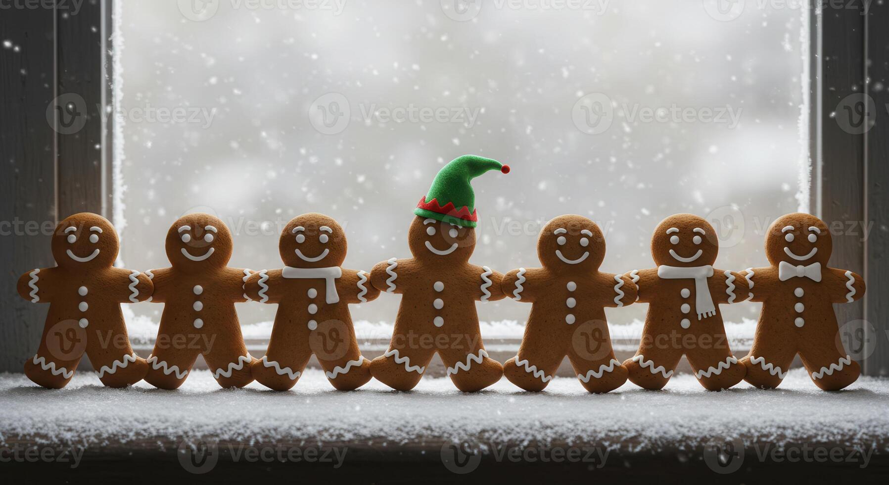 A row of seven smiling gingerbread men are holding hands on a snow covered windowsill during snowfall. One wears an elf hat, others have scarves and a bow tie. photo
