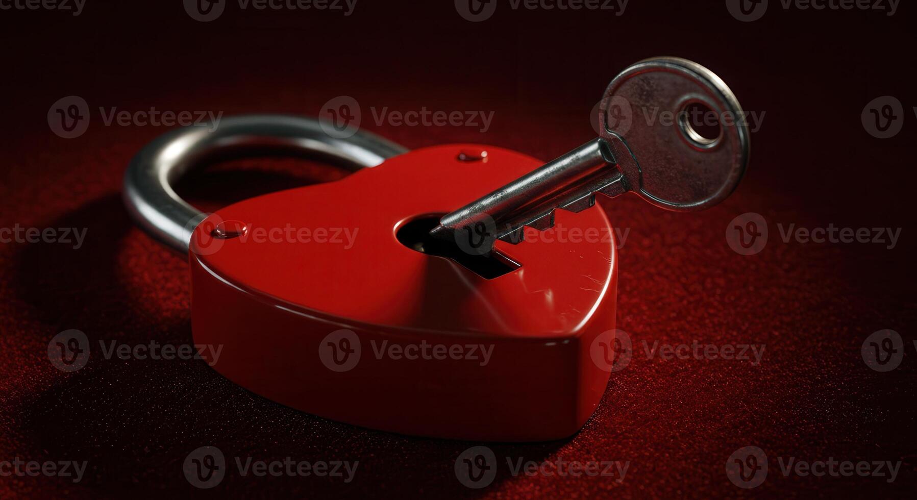 Close up studio shot of a red heart shaped padlock resting on a velvet red surface. The lock is positioned in the center with a tarnished key inserted. photo