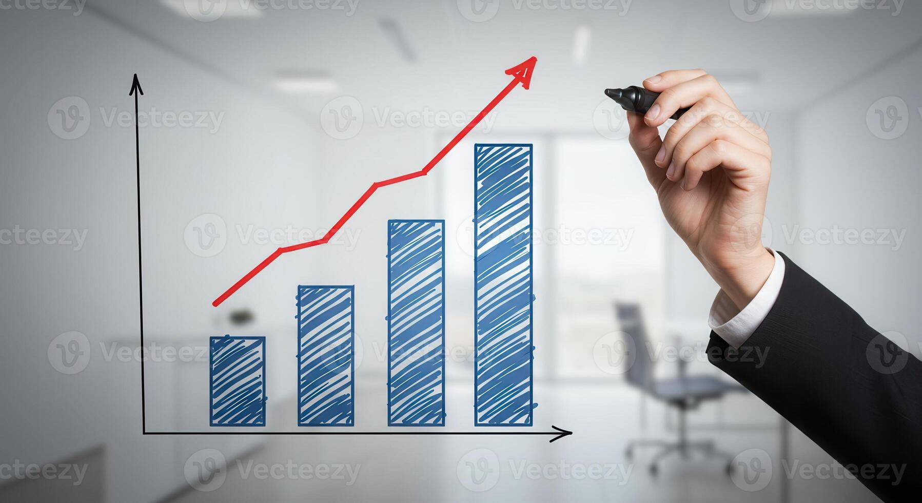 Hand drawing increasing bar graph with red growth line on whiteboard in office. photo