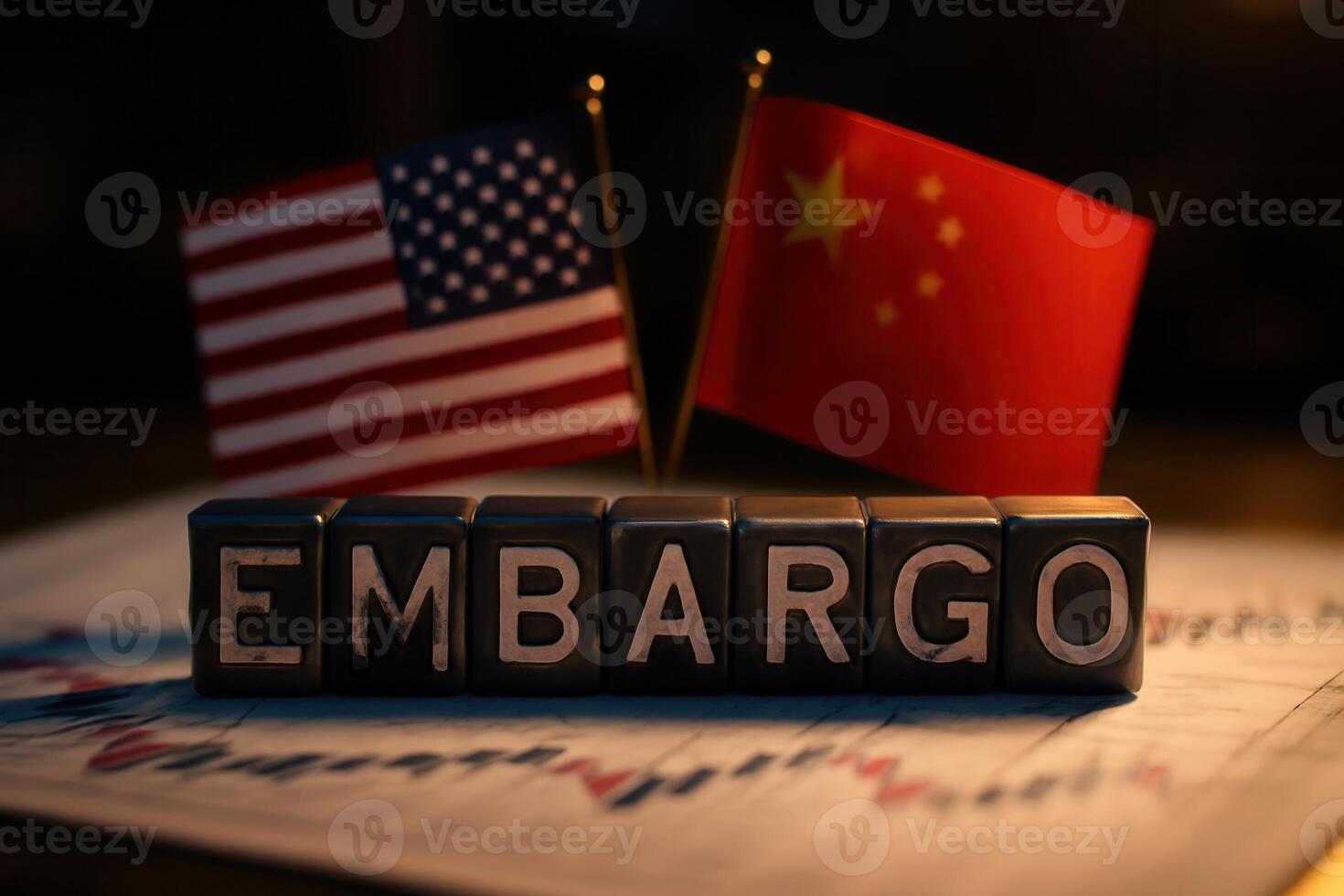 Embargo spelled out with letter blocks, flags of the United States and China on a stock market chart. Concept of trade war, economic policy, and international relations. photo