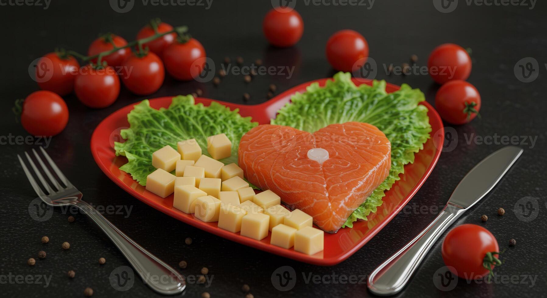 Heart shaped salmon fillet on a red heart plate with cheese cubes, lettuce, and cherry tomatoes. photo