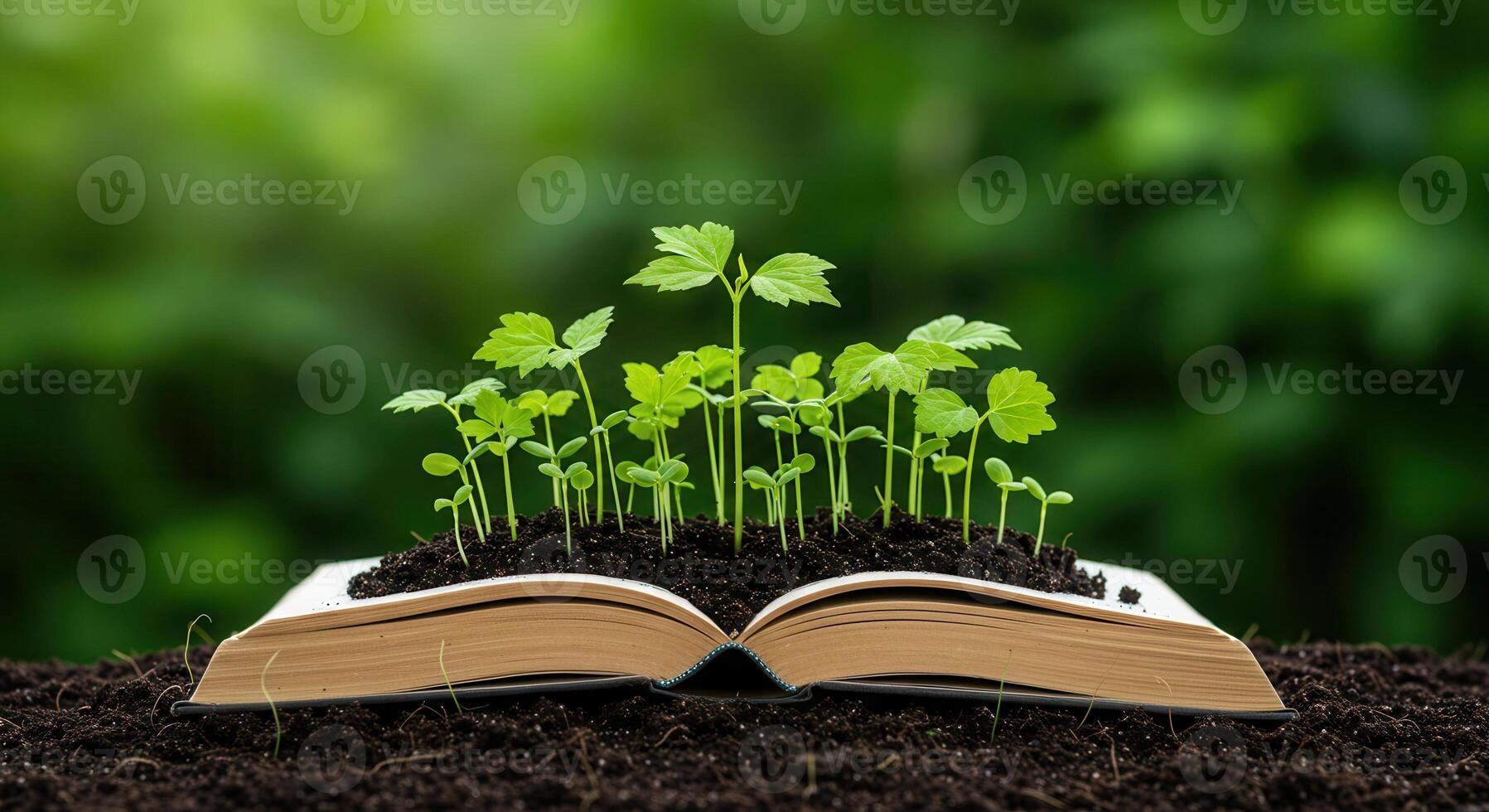 Small green seedlings grow from soil on an open book, symbolizing growth, knowledge, and education against a blurred green background. photo