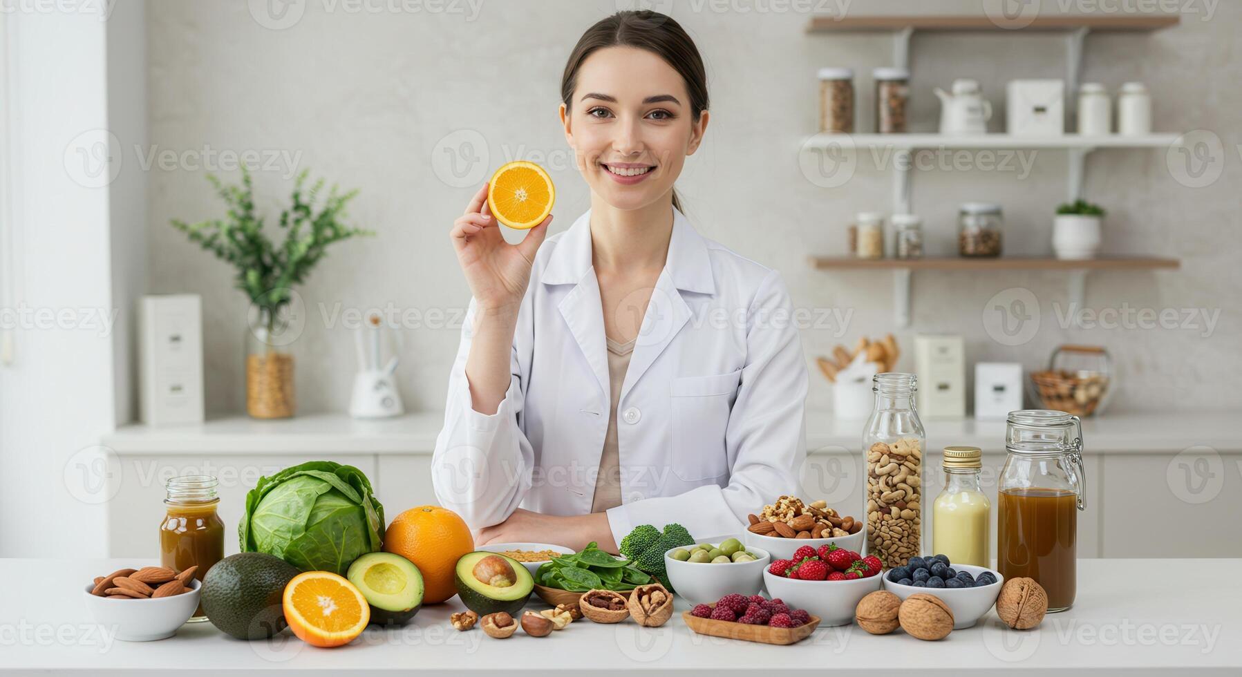 Nutritionist in white coat holds orange slice, surrounded by healthy food like fruits, vegetables, and nuts, promoting healthy eating and diet. photo