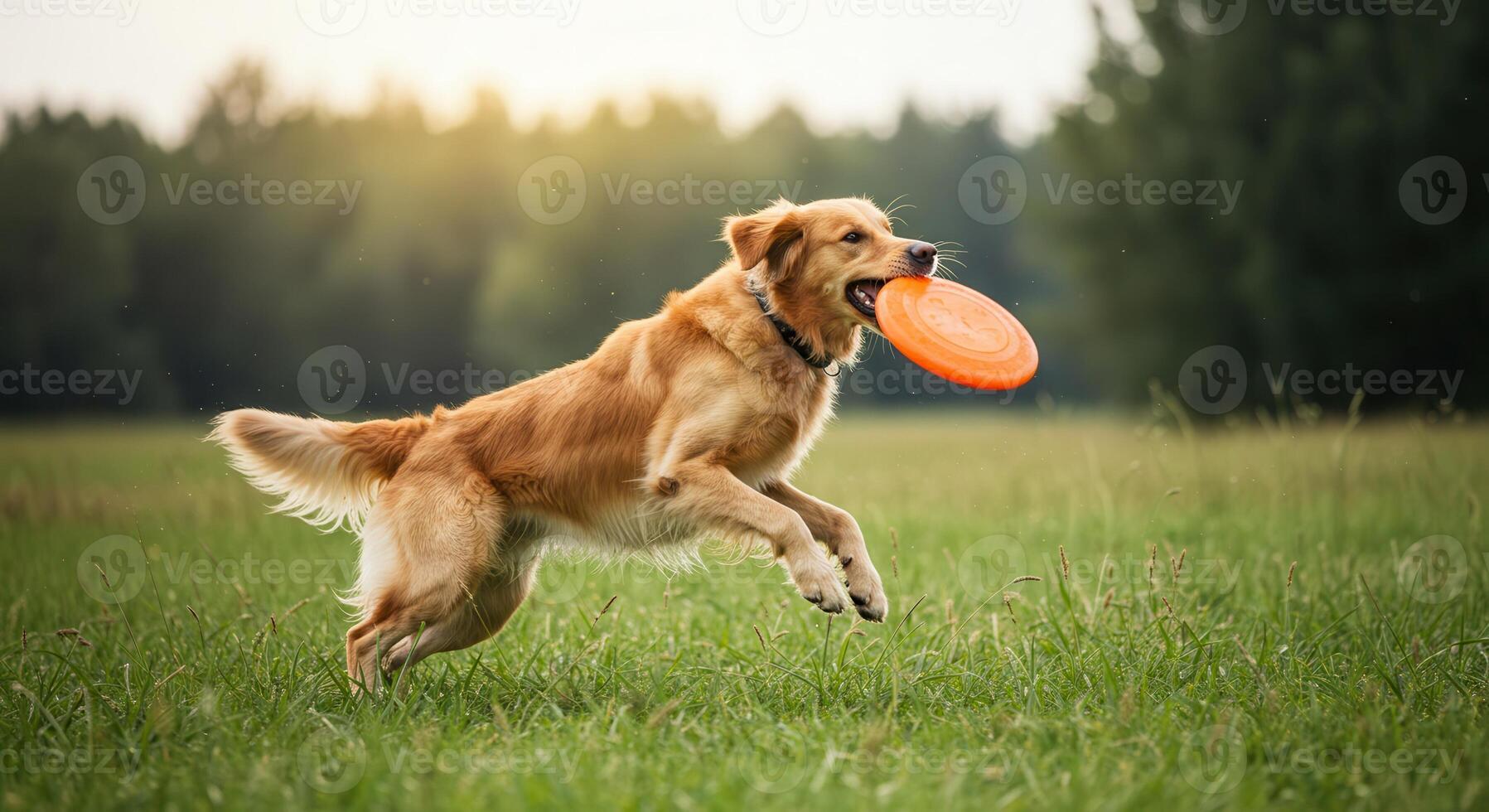 A golden retriever dog leaps through a green field to catch an orange frisbee in the air. photo