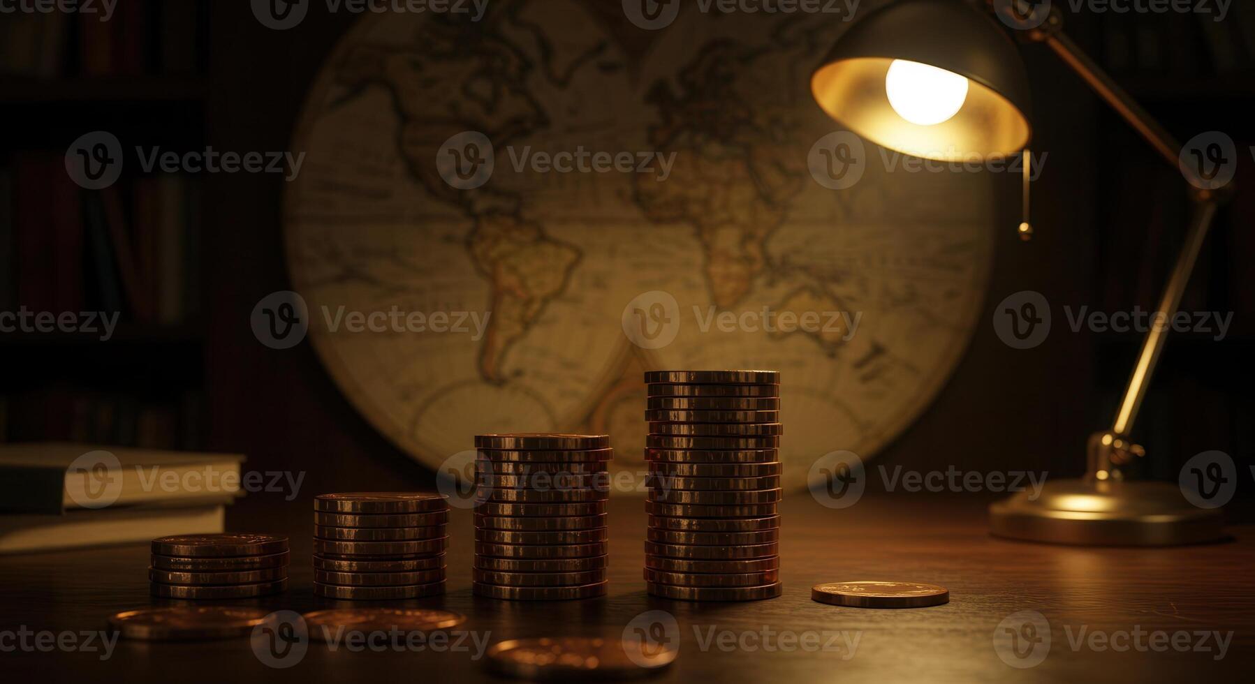 Stacks of copper coins on a wooden desk with a vintage globe and lamp, representing financial growth and global investment. photo